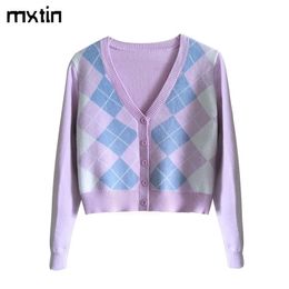 Vintage mignon géométrique rhombique tricoté cardigan pull femme mode printemps et automne vêtements d'extérieur chic style anglais tops 201128
