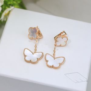 Pendientes colgantes vintage Van Clee Sweet Brand Designer Blanco Doble Mariposa Trébol de cuatro hojas Pendientes colgantes de flores con caja Joyería de mujer