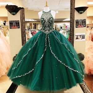 Vintage Dark Green Princess Ball-jurk Quinceanera Jurken Major Kralen Kristallen Volledige Lengte Mouwloze Zoete 16 Prom feestjurk 15 Anos