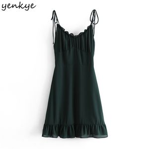 Vintage verde oscuro Sexy Sling vestido mujer cuello en V sin mangas A-line Mini gasa vacaciones verano playa bata mujer 210514