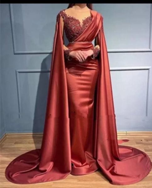 Robes de soirée rouge foncé vintage avec manches châle pure bijou cou appliques perles satin longue fête arabe occasion robes de bal porte