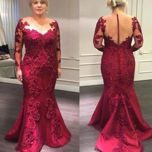 Vintage rouge foncé sirène mère robes pure bijou cou appliques perles manches longues mère de la mariée marié soirée robe d'invité de mariage