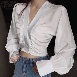 Chemise pour femmes à manches longues de Vintage Vintage en V Short Blouse Crop Tops Femmes Lanterne Sleeve Plonges Chemise en vrac Fashion Blusa 14585 210527