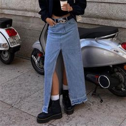 Vintage denim rokken voor vrouwelijke meisjes elegante spleet lange rok vrouw streetwear casual chic vrouwelijke kleding faldas new 2023