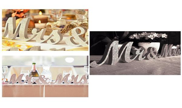 Diseño vintage Letras en inglés MrMrs Decoración de fondo de boda de madera Brillo Oro Plata Regalo Centro de mesa Decoración 1 S3281047