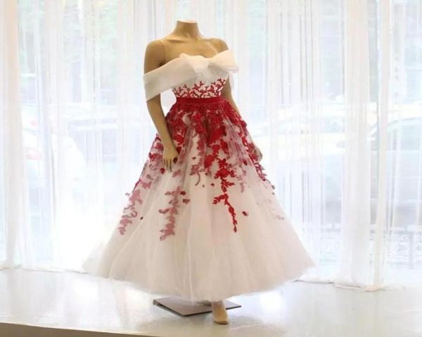 Robes de mariée blanches et rouges au design vintage, avec grand nœud, épaules dénudées, dentelle florale, longueur cheville, robes de mariée64230317729844