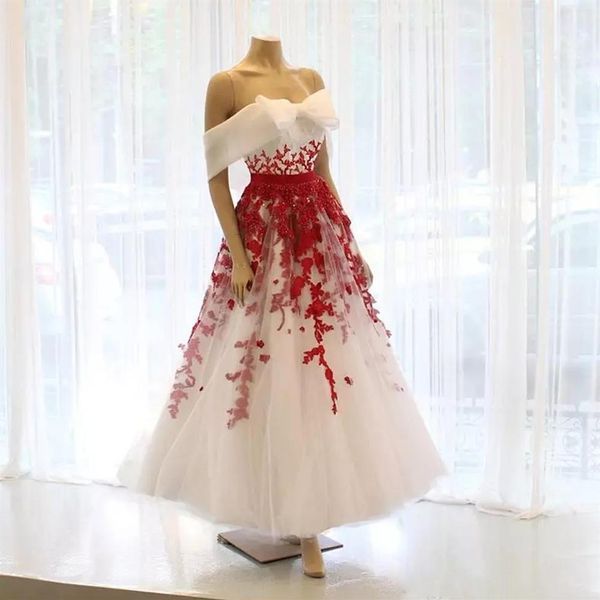 Vintage Design blanc et rouge robes de mariée grand arc hors épaule dentelle florale robes de mariée longueur cheville robe de noiva260e