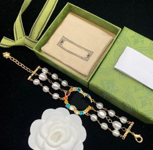 Vintage Designer Bracelets Femmes Double G Lettre Perle Multicouche Coloré Cristal Strass Bracelet Saint Valentin Bijoux No Box