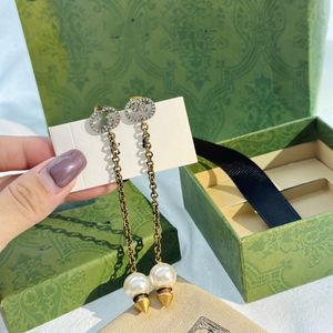 Boucles d'oreilles pendantes de créateur vintage en cuivre avec plaqué or Double G cristal blanc perle charme longue chaîne goutte pour femmes bijoux avec boîte cadeau de fête