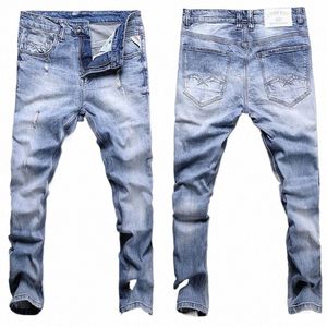 Vintage Designer Fi Mannen Jeans Retro Lichtblauw Elastisch Slim Fit Gescheurde Jeans Mannen Broek Koreaanse Stijl Casual Denim broek F2IU #