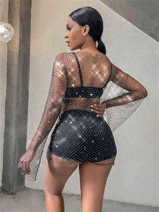 Vintage Diamond Rhinestone Verano Mujeres Sexy Bikini Cover Up Mesh Fishnet Traje de baño Traje de baño Vestido Baño Ropa de playa Dropshipping T220818