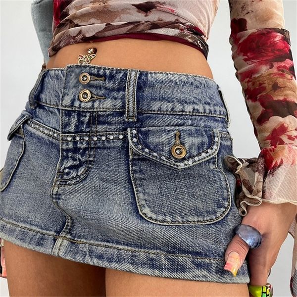 Vintage Diamonds Denim Mini Jupes Y2K Esthétique Coréen Kawaii Taille Basse Skinny Wrap Moulante Jeans Penceil Jupe Femmes Streetwear 220701