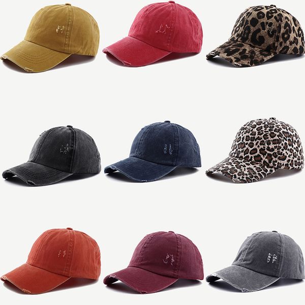 Vintage Distress Ball Caps Washed Denim Cross horsetail Hair Mujeres Cap Solid Leopard Print Sun Hat