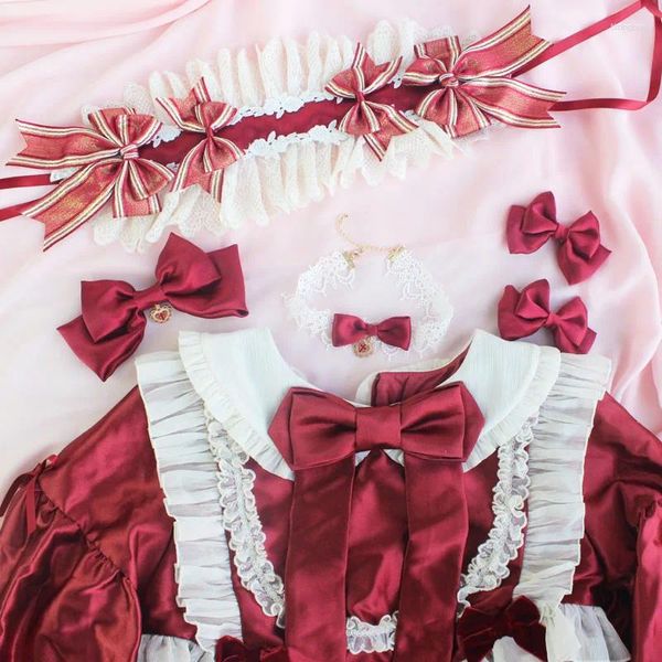 Diadema con lazo hecha a mano para muñeca Vintage, cinta para el pelo KC, collar con horquilla, banda para el cuello, diseño Original de Lolita, bonito rojo y blanco