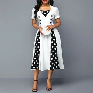 Vintage Dot Print Swing Pin Up Zomer Feestjurken Vrouwen Korte Mouw Hoge Taille A-lijn Jurk Elegant Casual Gewaad vestidos 240301