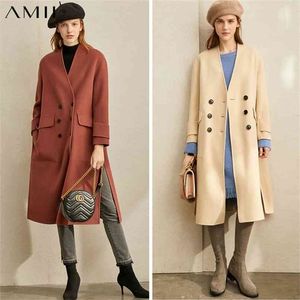 Vintage Double laine manteau automne hiver femmes col en v poitrine solide ample femme mi-long vestes 11940487 210527