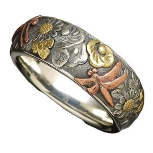 Vintage libellule anneaux pour hommes femmes Antique couleur argent bijoux rétro mode jaune or fleur bague bandes de mariage