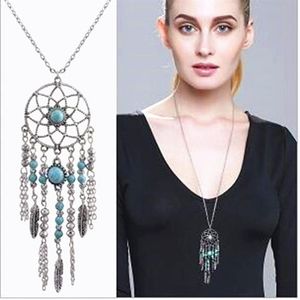 Vintage dromenvanger ketting kwastje veer turquoise bohemien stijl lange trui ketting charme sieraden kerstcadeaus 12pcs274z