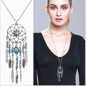 Vintage dromenvanger ketting kwastje veer turquoise bohemien stijl lange trui ketting charme sieraden kerstcadeaus 12pcs311l