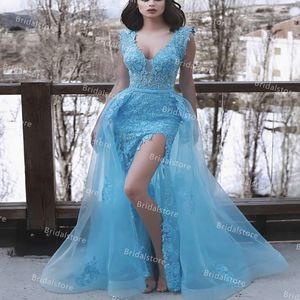 Vintage Dubaï arabe bleu robes de soirée avec train détachable sexy col en V dentelle sirène robes formelles élégante robe de bal africaine fente robe de soirée￩e femme