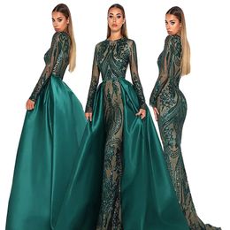 Vintage Dubai Mermaid avondjurk met afneembare trein moslim pailletten prom jurken smaragdgroen 2022 Formele feestjurken met lange mouwen Abaya Caftan Robe de Mariage