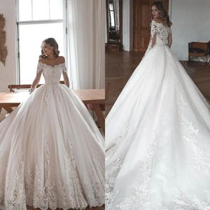 Vintage Elegant A Line Wedding Jurken Lace Applique Off Shoulder Long Sleeve Bridal Jurk Sweep Train Vestidos de Novia Custom