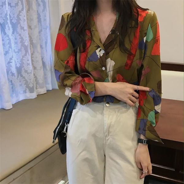 Vintage elegante básico ol camisa impresión mujeres con estilo otoño blusas manga larga suelta oficina damas tops femenino 210421