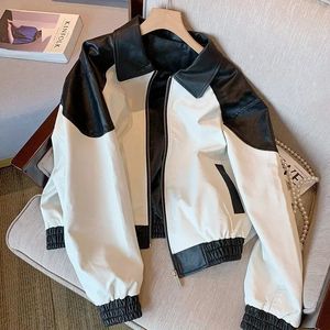 Vintage Elegante High Street Jackets Zwart Wit contrast Kleur Y2K Korte lagen Lange mouw Women Patchwork Leather bovenkleding 240428