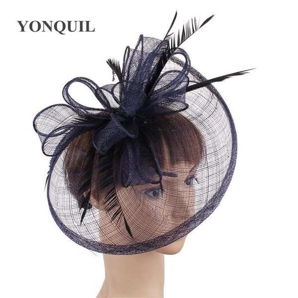 Vintage élégant bleu marine Fedora Cap Shapeau chapeau mariage fascinateurs plume boucle chapeaux dames femme cheveux accessoires SYF278 2232O