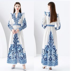 Vintage élégant Paisley Floral Robe de vacances Robe à manches longues femme Designer col en V mince froncé fête à volants Boho Maxi robes 2023 printemps automne doux piste robes