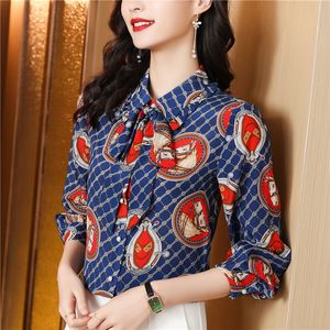 Vintage Elegante Print Strik Blauwe Shirts Designer Tops Dames Runway Lange Mouwen Revers Grafische Blouses Herfst Winter Button Up Shirt 2023 Kantoor Dames Chic Nieuw in Tops