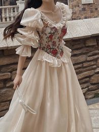 Robe de soirée mi-longue à imprimé Floral, Vintage, élégante, décontractée, col rond, manches bouffantes, fée coréenne, automne 2023, 240313