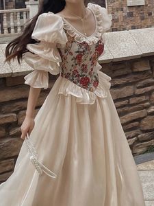Vintage Elegant Imprime-Floral Robe Femme Automne Ofck Office Casual Evening Party Midi Robe Femelle Puff Sleeve Korea Fairy Robe 240411