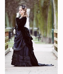 Vintage elegante Victoriaanse zwarte avondjurken voor vrouwen met lange mouwen fluweel jas plooien rok brutaal feest formele slijtage prom jurken plus size custom custom
