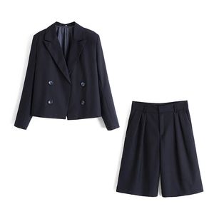 Vintage Elegante Vrouwen Navy Pant Suits Fashion Pockets Knoppen Gekleed Blazers Rits Fly Rechte Halve Broek Chic Suits 210520