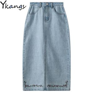 Vintage Broder Longue Jupe En Jean Femmes Coréenne Vêtements De Mode Lâche Maxi Jupes Casual Taille Haute Jeans Saia Streetwear 210421