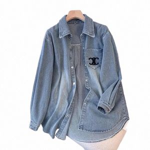 Vintage geborduurd denim shirt jas damesveer en herfst los slank look jas midden lengte 2024 nieuwe Koreaanse stijl 88QR#