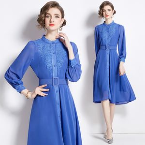 Vintage borduurwerk blauw casual chiffon jurk lange mouw vrouw ontwerper mock nek slanke elegant fit feest midi jurkess 2024 lente herfst vacement runway ballgown