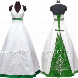 Vintage borduurwerk halter kleur trouwjurk fabriek op maat maak een lijn vloerlengte witte groen korset vestido de noivas met bu262o