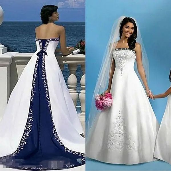 Vestido de novia bordado vintage Azul marino y blanco Una línea Sin tirantes Sin mangas Vestido de novia largo de satén Tren de la corte Árabe Boho Recepción Vestidos formales para mujeres