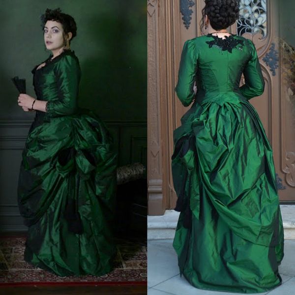 Vestidos de noche de color verde esmeralda vintage Tafetán Victorian Bullicio Vestido de fiesta de graduación Longitud del piso Fruncido Ocasión especial Vestir bola de lujo Escote redondo