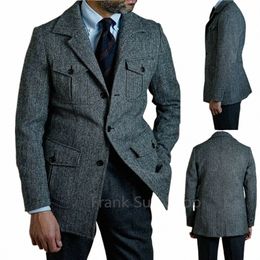 Vintage Engeland Stijl Heren Blazer Slim Fit Notch Revers Tweed Herringbe Tuxedo Bruidegom Wedding Suits Jas Mannelijke Jas Custom z01z #