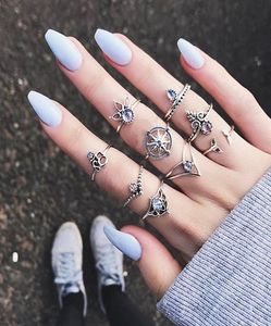 Vintage Gravé Rudder Leaf 9pcs / Set Band Ring Ensembles Retro Tin Alloy Sky Blue CZ Zircon Bohemian Designer Bijoux Femmes Femmes Cadeaux1127287