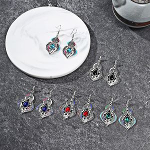Vintage Etnische kalebasvorm Kleurrijke Crystal Dangle Oorbellen voor Vrouwen Boho Hollow Carved Silver Color Drop Earring Vrouwelijke Sieraden