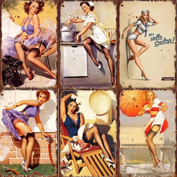 Vintage Europa Sexy Girl Metal Painting Pin Up Girls Metal Sign Retro Beauty Woman Lady Poster Tin Plate Painting Bar Store Pub Man Cave Wall Decor Tamaño 30X20cm w01