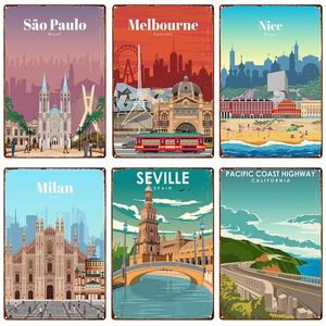 Vintage Famous City Landscape Metal Affiches Italie Décorage en étain Signes France Grèce Hawaii Retro Plate Mur Art Decor for Living Room Home Paint Drôle 30x20cm W01