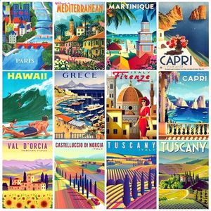 Carteles de paisaje de la ciudad famosa de la vendimia Carteles de chapa de metal Italia Francia Grecia Hawaii Placa retro Decoración de arte de la pared para la sala de estar Hogar carteles de metal personalizados 30X20CM w01