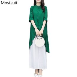 Vintage mode coton lin deux pièces ensembles femmes vert longs hauts + pantalons à jambes larges costumes décontracté coréen élégant dames tenues 210518