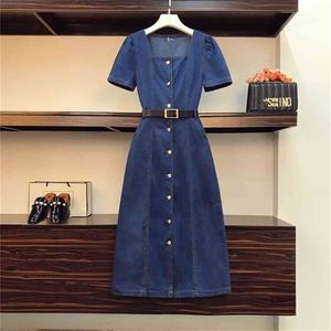 Vintage mode denim kantoor ol elegant vierkante kraag met eenhoge taille casual lange jurk vrouwelijke Vestidos 210519