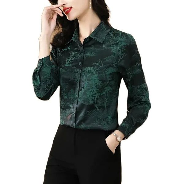 Blusas verdes de jacquard de moda vintage Camisa de satén de seda de diseñador de manga larga para mujer 2023 Office Lady Otoño Invierno Clásico Solapa Camisa con botones informal Tops de pasarela